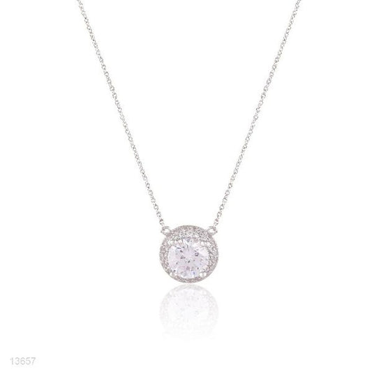 Classic Paved Round Bezel Silver Necklace